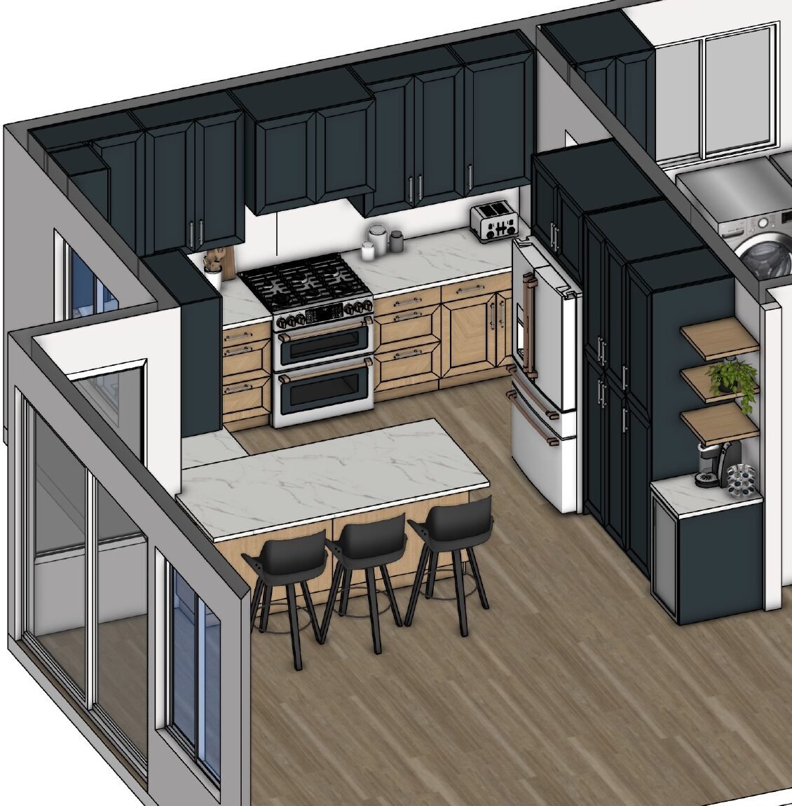 Custom kitchen design rendering showcasing Italian cabinetry layout, island configuration, and integrated storage planning