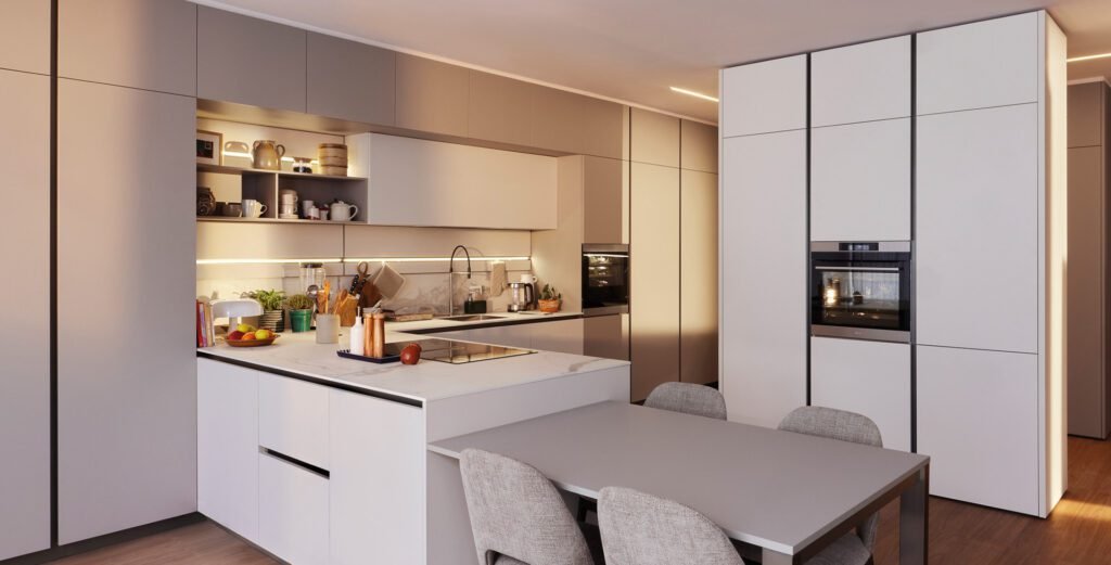 Modern kitchen cabinet design featuring sleek white and taupe cabinetry, integrated dining table, minimalist island, and contemporary European finishes.