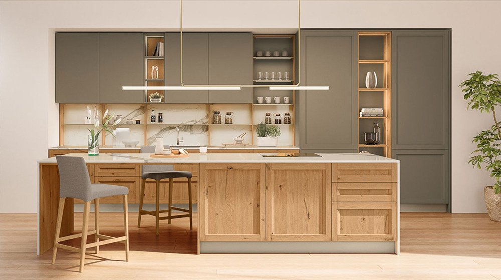Classic modern kitchen with natural wood lower cabinets, green paneled upper cabinetry, open display shelving, island seating, and warm integrated lighting.