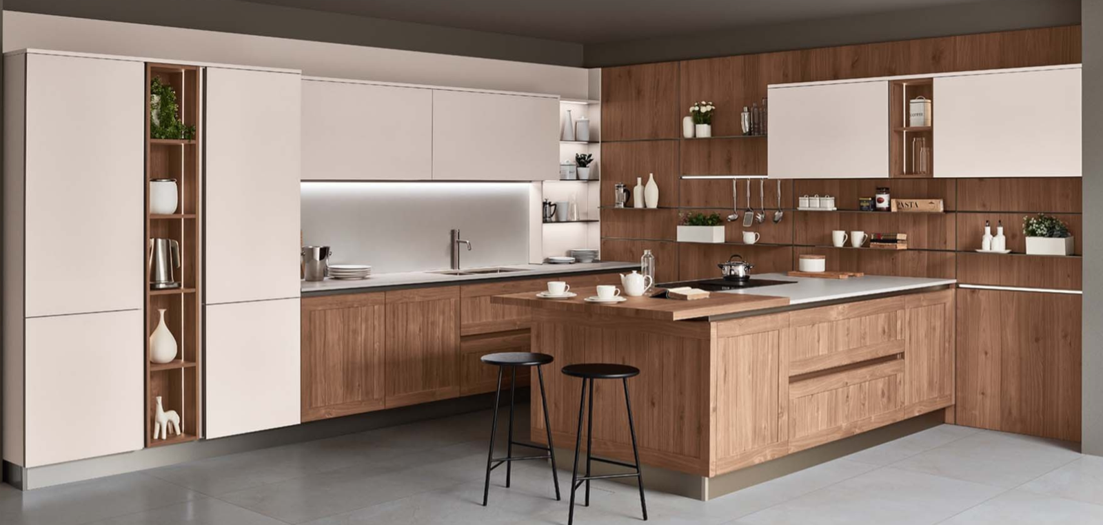 Modern Italian kitchen with natural wood cabinetry, white cabinet fronts, large island, open shelving, integrated storage, and contemporary bar seating.