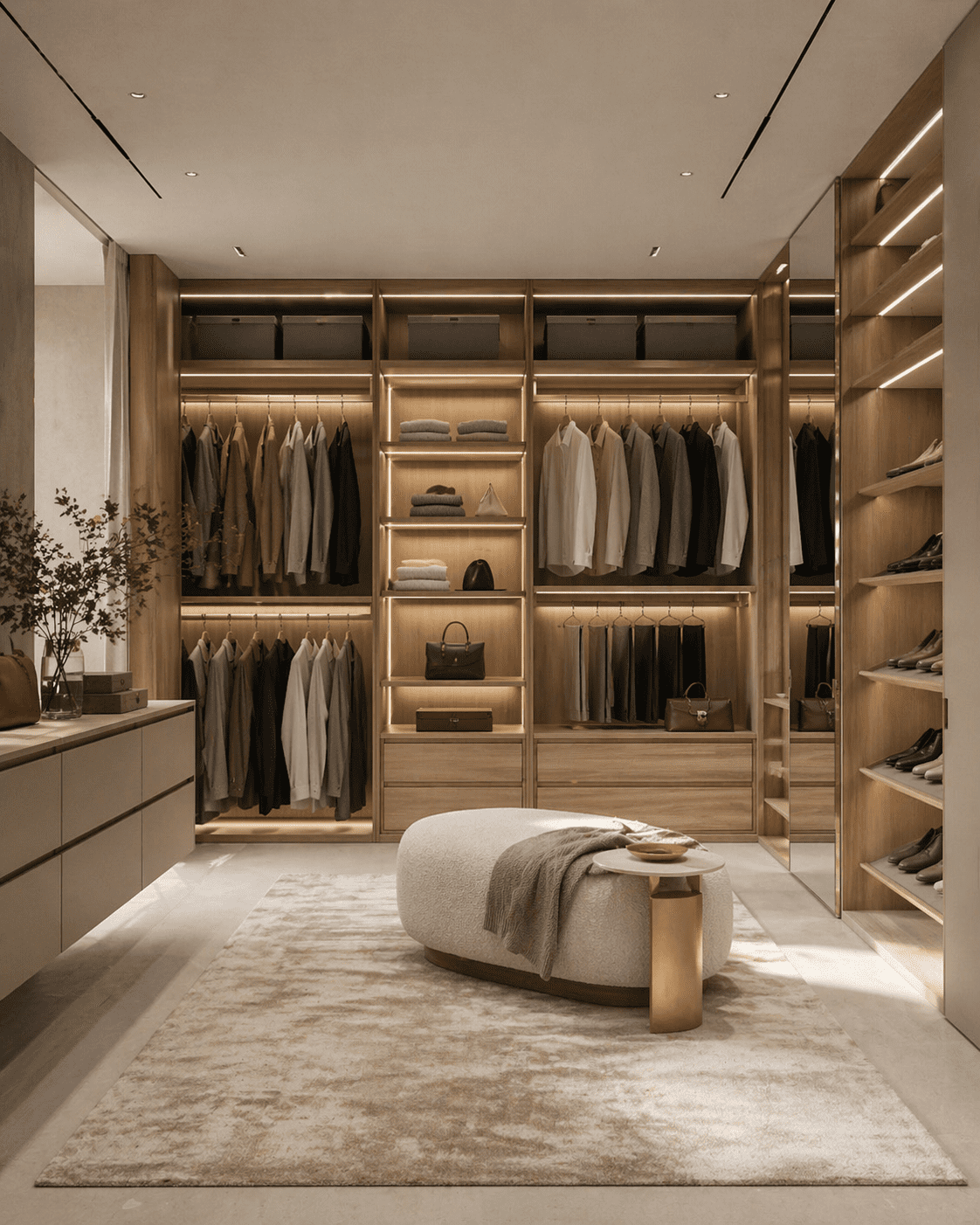 Luxury Italian walk-in closet with warm wood cabinetry, open hanging storage, illuminated shelves, shoe storage, and a soft modern seating area.