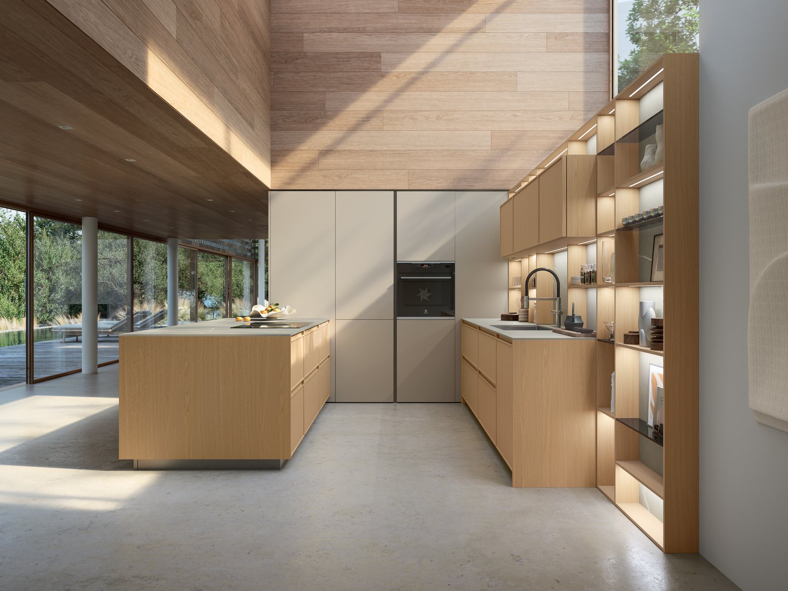 Modern Italian kitchen cabinetry with wood finishes, integrated lighting, and custom island design.