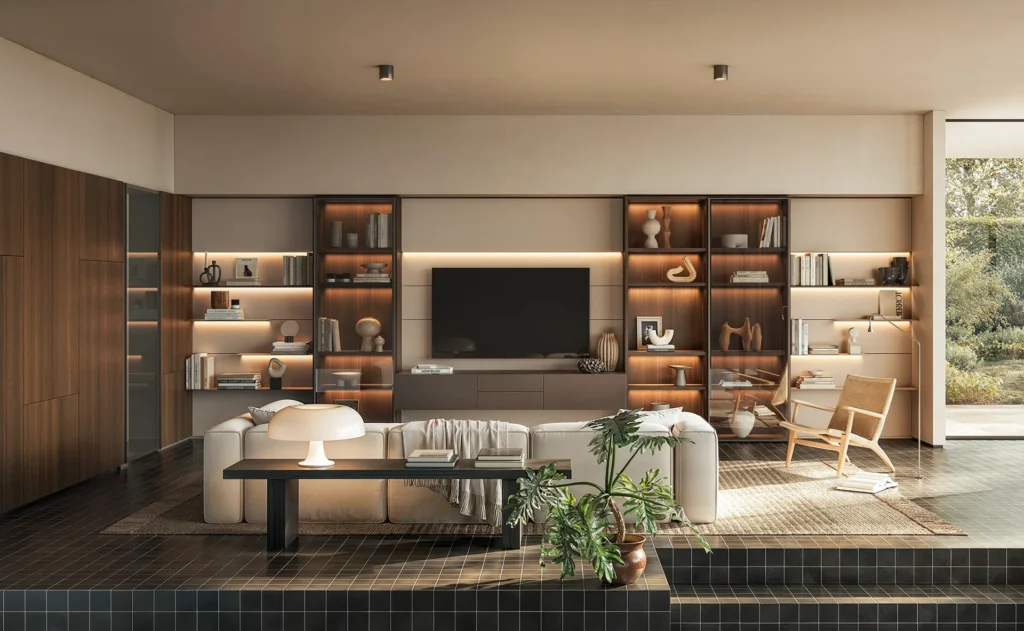 Modern Italian living room cabinetry with built-in shelving, wood finishes, and integrated lighting.