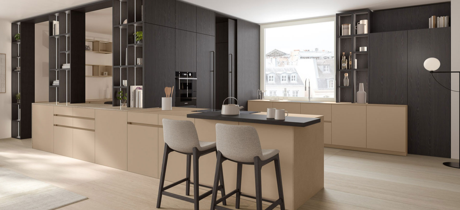 Modern Italian kitchen with beige island seating, tall dark wood storage cabinets, integrated appliances, open shelving, and bright natural light from a large window.