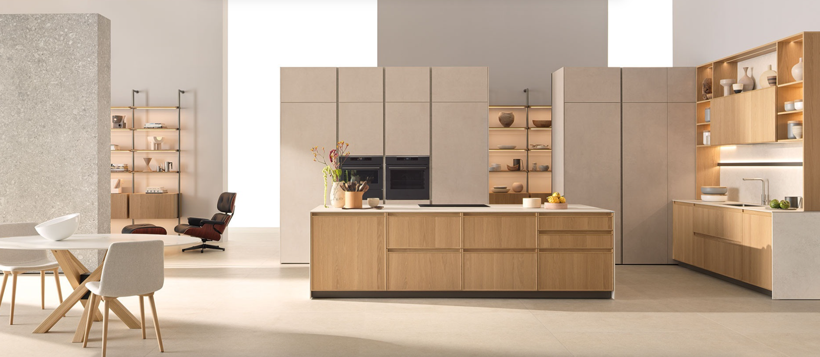 Modern Italian kitchen with natural wood cabinetry, white cabinet fronts, large island, open shelving, integrated storage, and contemporary bar seating.
