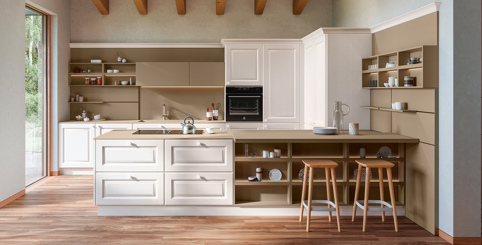 Classic Italian kitchen with white paneled island cabinetry, warm wood countertops, open shelving, integrated oven, bar seating, and natural wood flooring.
