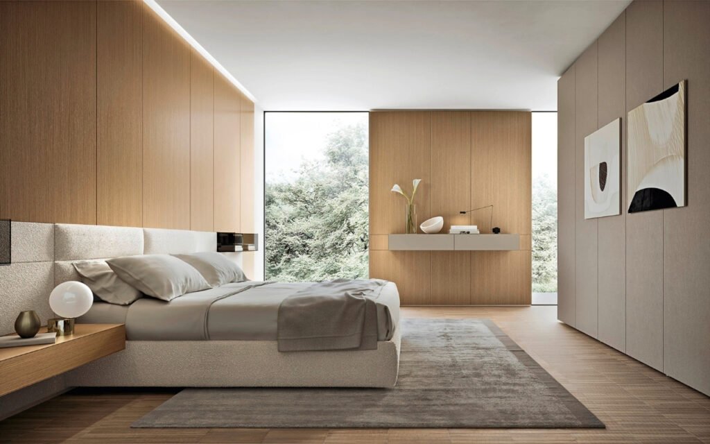 Custom Italian bedroom cabinetry with integrated storage, wood paneling, and minimalist modern design