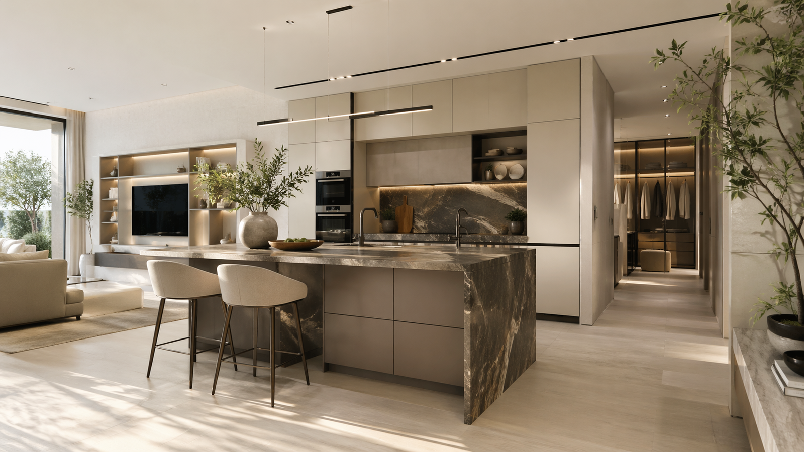 Bright luxury Italian interior with custom kitchen cabinetry, stone accents, and integrated living storage for Studio Quattro design services.