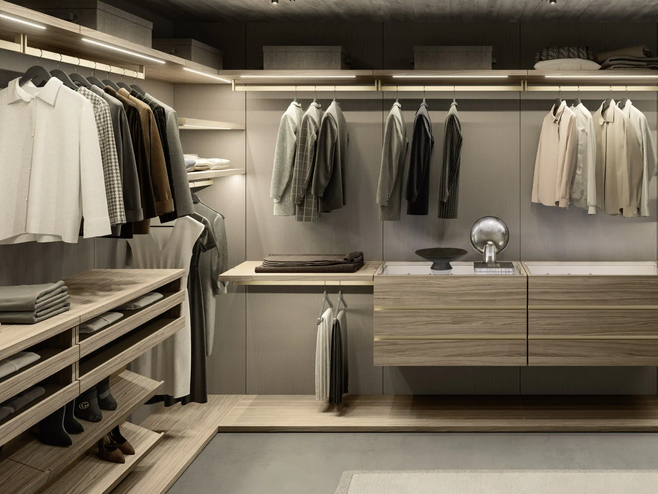 Luxury walk-in closet with open shelving, hanging rails, wood drawers, and integrated LED lighting