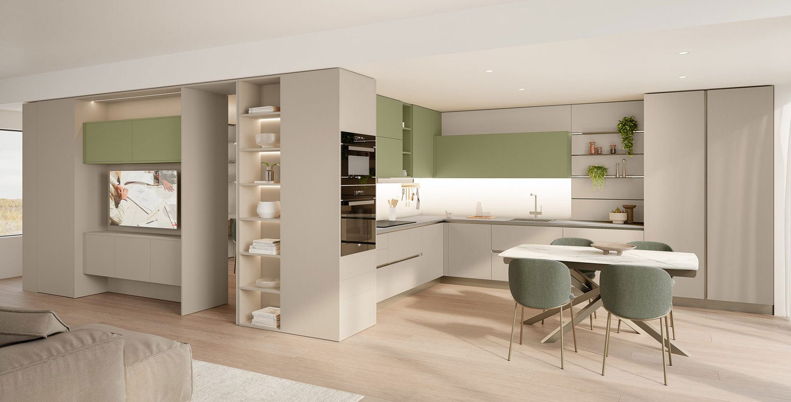 Modern Italian open-plan kitchen with sage green upper cabinets, light neutral cabinetry, integrated appliances, built-in shelving, and a dining area in a bright European interior.