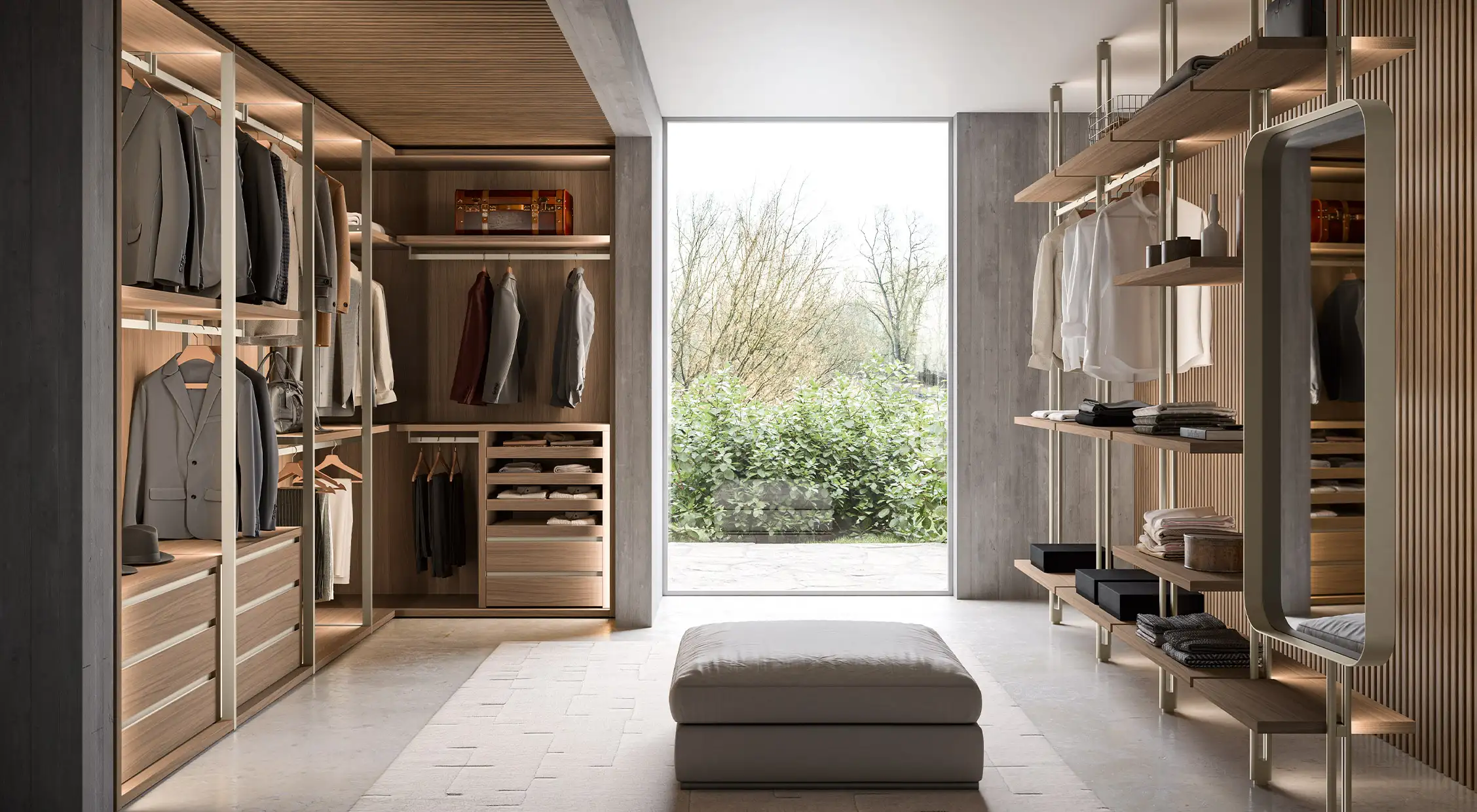 Modern walk-in closet design with open shelving, custom cabinetry, and integrated lighting solutions