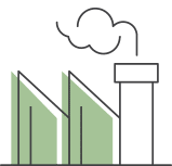Line icon of a green factory with a smokestack, representing sustainable manufacturing, reduced emissions, and environmentally responsible cabinetry production.