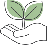 Line icon of a hand holding a green sprout, representing sustainable design, eco-friendly materials, and environmentally conscious cabinetry choices.