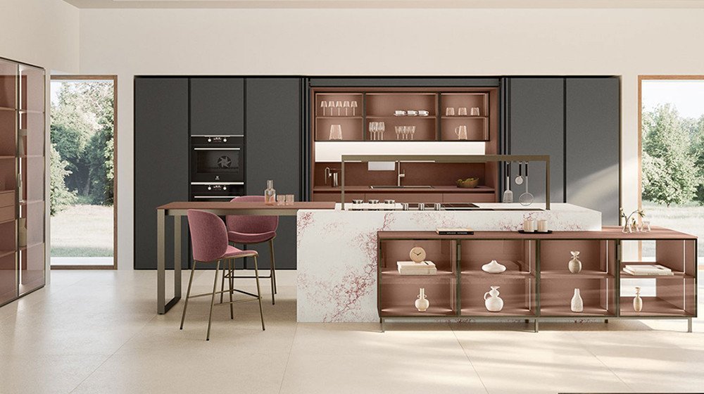 Discover the Lounge collection by Veneta Cucine at Studio Quattro Design. This luxury architectural layout combines sleek charcoal full-height cabinetry with a bold rose-veined marble island and integrated glass-front display storage.