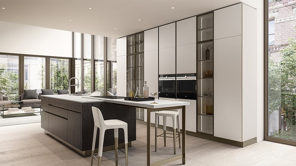 Modern kitchen and bath showrooms near me featuring a general modern kitchen with sleek white cabinetry, dark wood island, integrated appliances, and contemporary design.