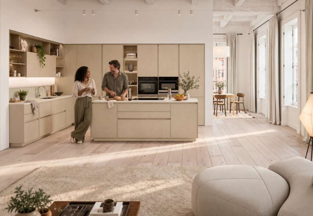 Couple talking and preparing food in a modern kitchen with light wood-tone cabinetry, a central island, integrated ovens, and full-height storage.