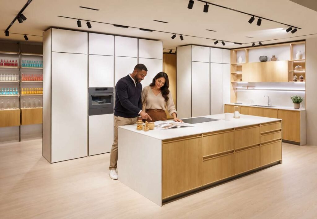 Couple reviewing a kitchen brochure in a modern showroom with light wood and white flat-panel cabinetry, a large island, integrated ovens, and display shelving.