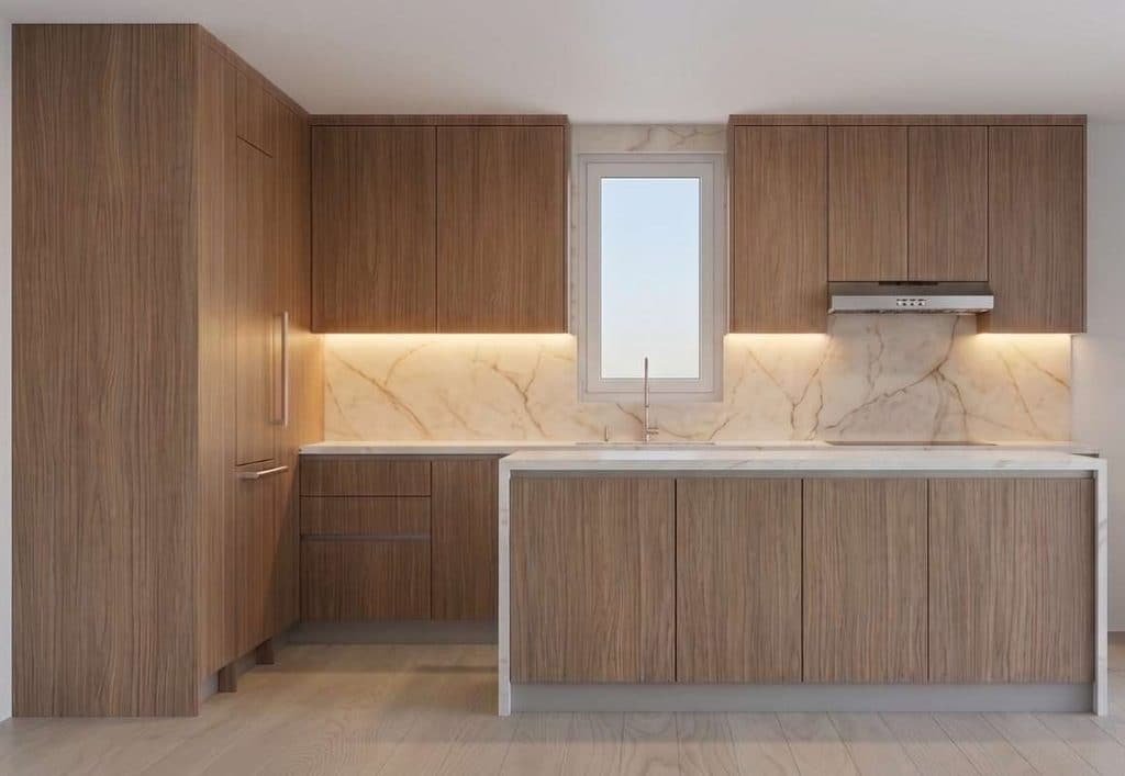 3D rendering of a large Italian kitchen with an L-shaped wood-look cabinetry layout, spacious central island, full-height storage, marble-look backsplash, and integrated lighting.