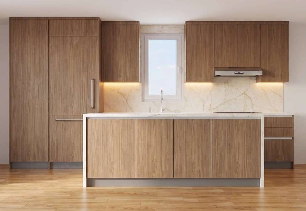 3D rendering of a medium-sized Italian kitchen with wood-look flat-panel cabinetry, a central island, full-height storage, marble-look backsplash, and warm under-cabinet lighting.