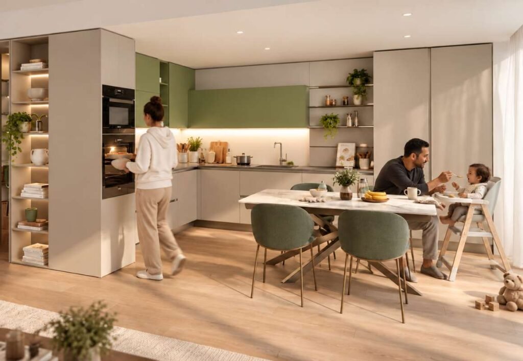 Woman in a white hoodie using a built-in oven while a father feeds their toddler at the dining table in a modern kitchen with sage-green cabinets, open shelving, and integrated storage.