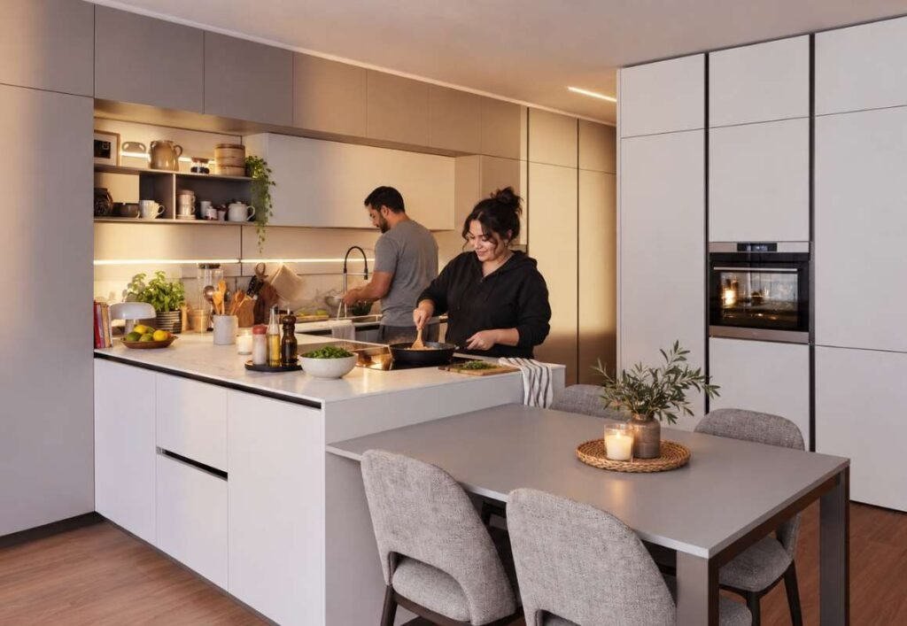 Woman cooking at a kitchen island while a man washes dishes in a modern European-style kitchen with flat-panel cabinetry, integrated ovens, and under-cabinet lighting.