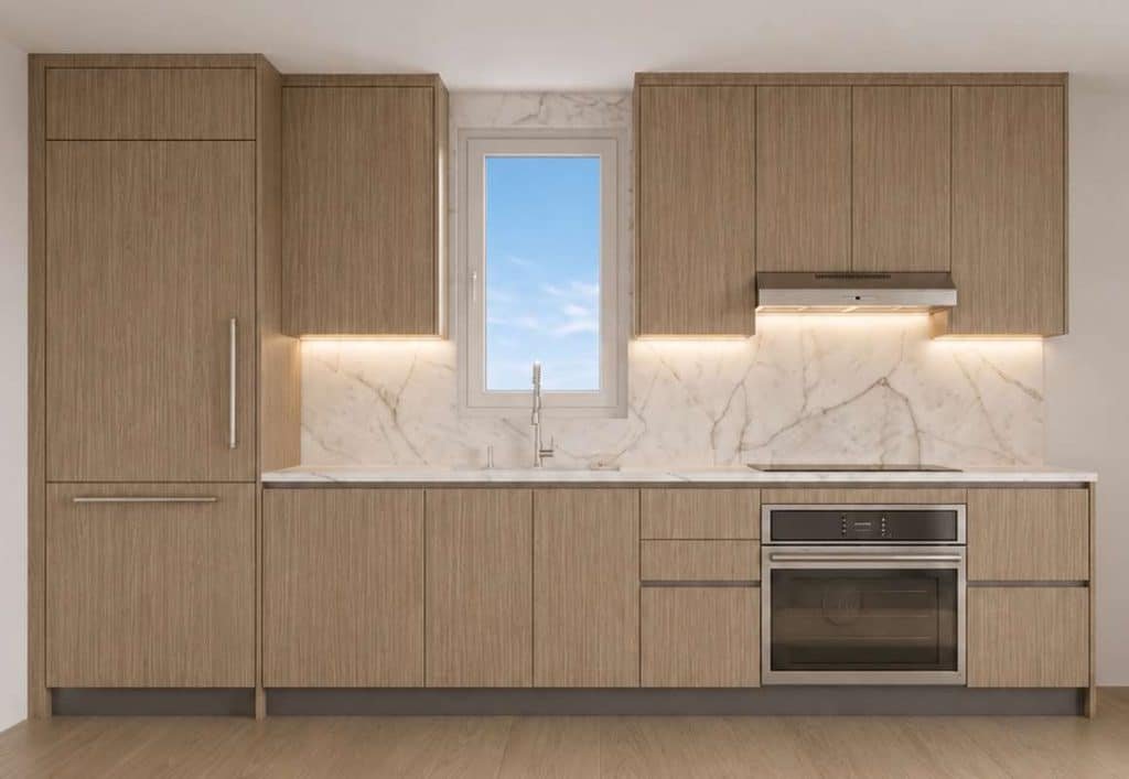 3D rendering of a small Italian kitchen with light wood-look flat-panel cabinetry, full-height storage, a built-in oven, under-cabinet lighting, and a marble-look backsplash.