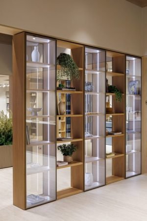 Luxury custom room divider cabinetry with illuminated wood shelving, glass display storage, and modern European interior design.