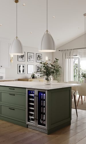 Modern kitchen island with Italian cabinetry, integrated wine storage, and green finish in a custom kitchen design