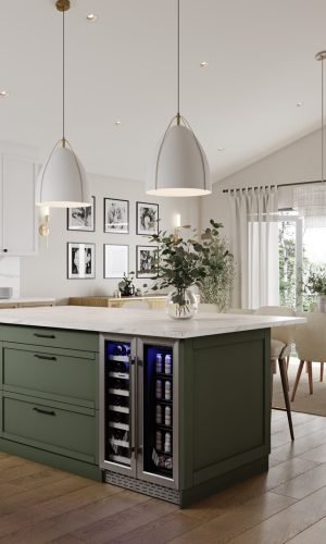Modern kitchen island with Italian cabinetry, integrated wine storage, and green finish in a custom kitchen design