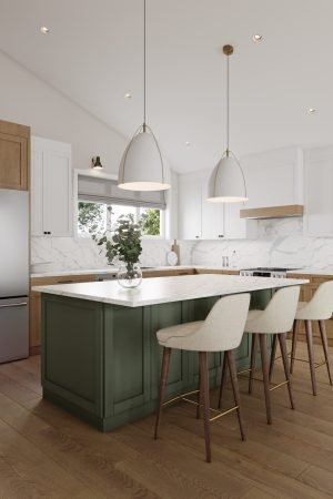 Custom Italian kitchen cabinetry with green island, bar seating, and marble countertops in a bright modern kitchen