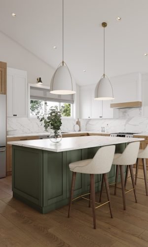 Custom Italian kitchen cabinetry with green island, bar seating, and marble countertops in a bright modern kitchen