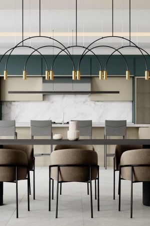 Italian kitchen cabinetry with marble backsplash, integrated storage, and open dining space in a modern interior design