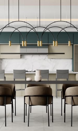 Italian kitchen cabinetry with marble backsplash, integrated storage, and open dining space in a modern interior design