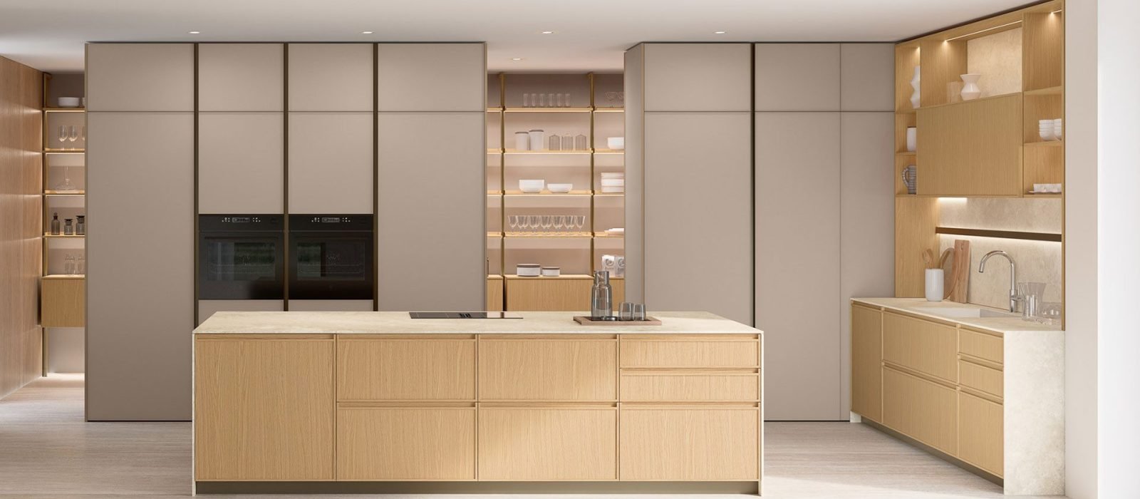 Custom living room cabinetry with illuminated shelving, built-in storage, and modern Italian design