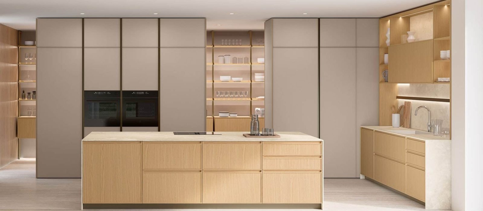 Custom living room cabinetry with illuminated shelving, built-in storage, and modern Italian design
