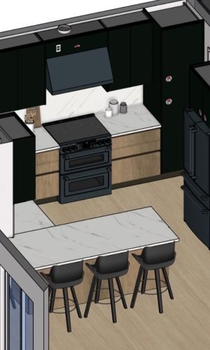 3D kitchen design rendering showing a planned cabinetry layout with island seating, appliances, storage, and an open-concept floor plan.