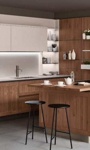 Modern Italian kitchen with natural wood cabinetry, white cabinet fronts, large island, open shelving, integrated storage, and contemporary bar seating.