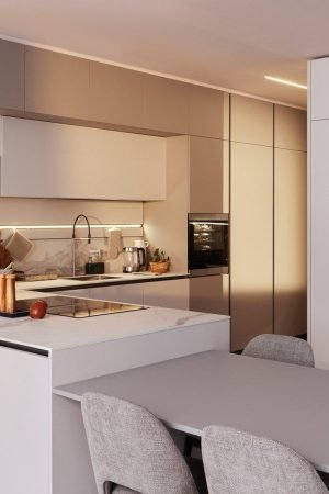 Modern kitchen cabinet design featuring sleek white and taupe cabinetry, integrated dining table, minimalist island, and contemporary European finishes.